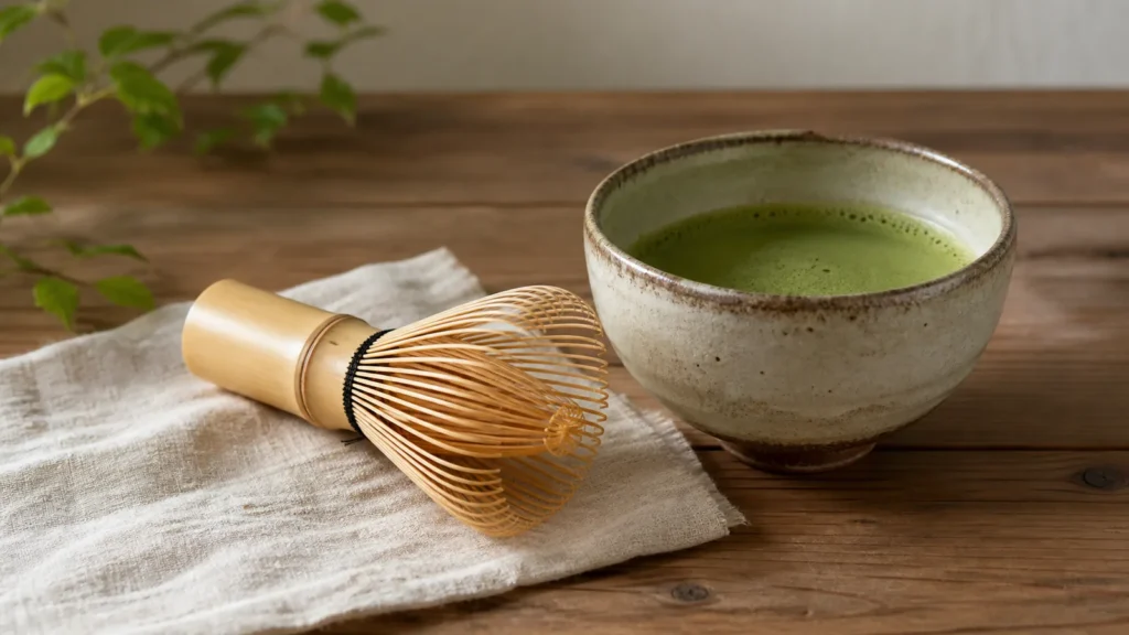 Bambus-Chasen neben einer Schale mit aufgeschlagenem Matcha