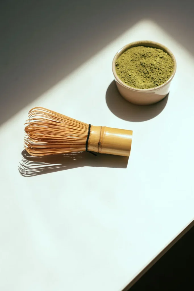Chasen (Bambus-Quirl) neben Matcha-Pulverschale im Sonnenlicht – traditionelles Handwerkszeug